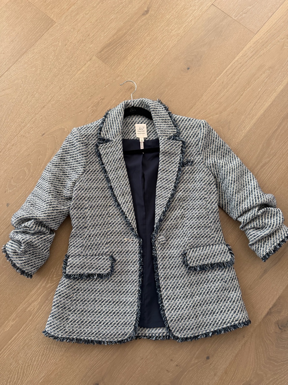 cinq a sept Navy and Cream Tweed Blazer with Frayed Trim